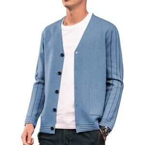Men’s V Neck Cardigan Sweater Blue Button Knit Casual Lightweight Size L